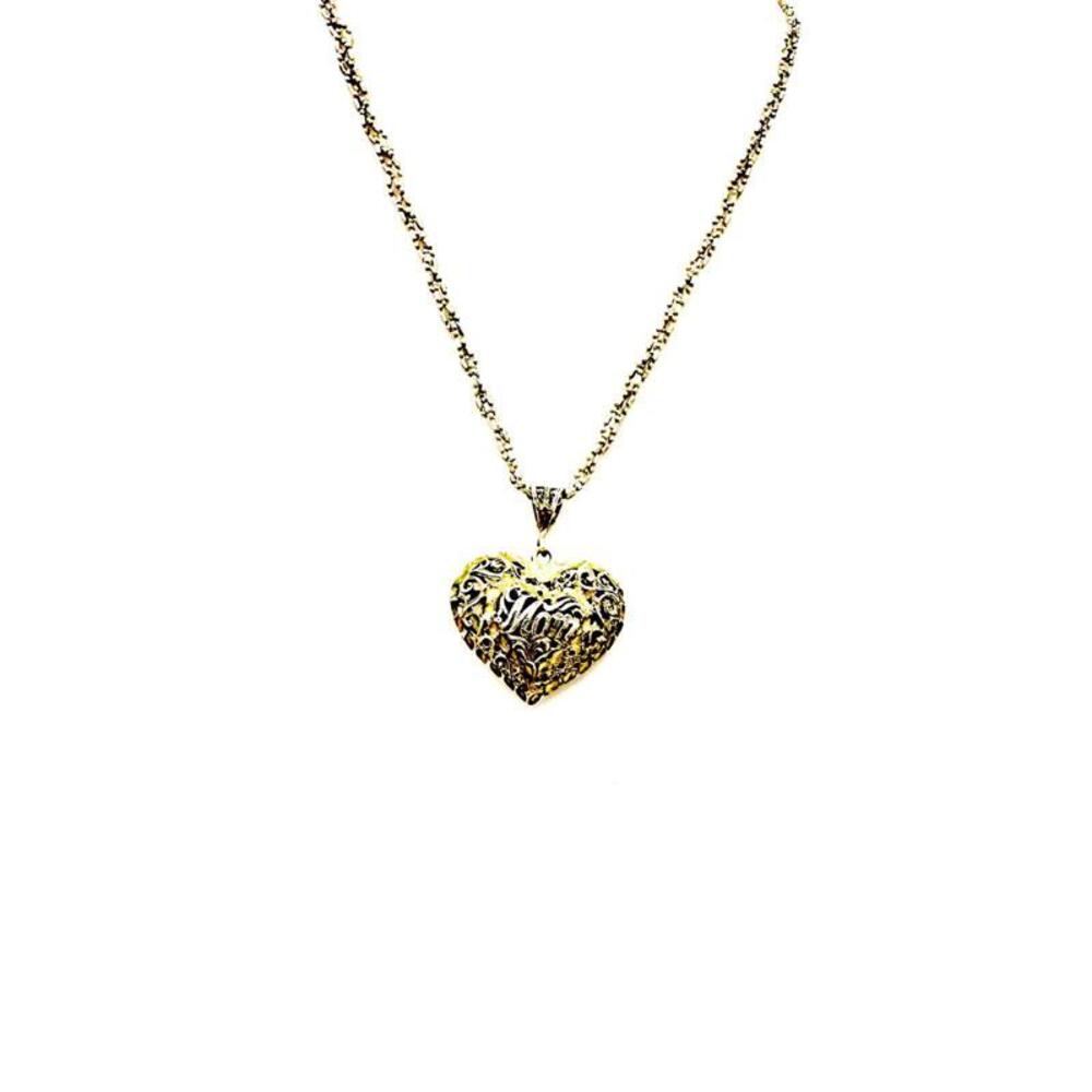 Gold sterling silver braided chain w/ silver filigree "mom" puffer heart pendant